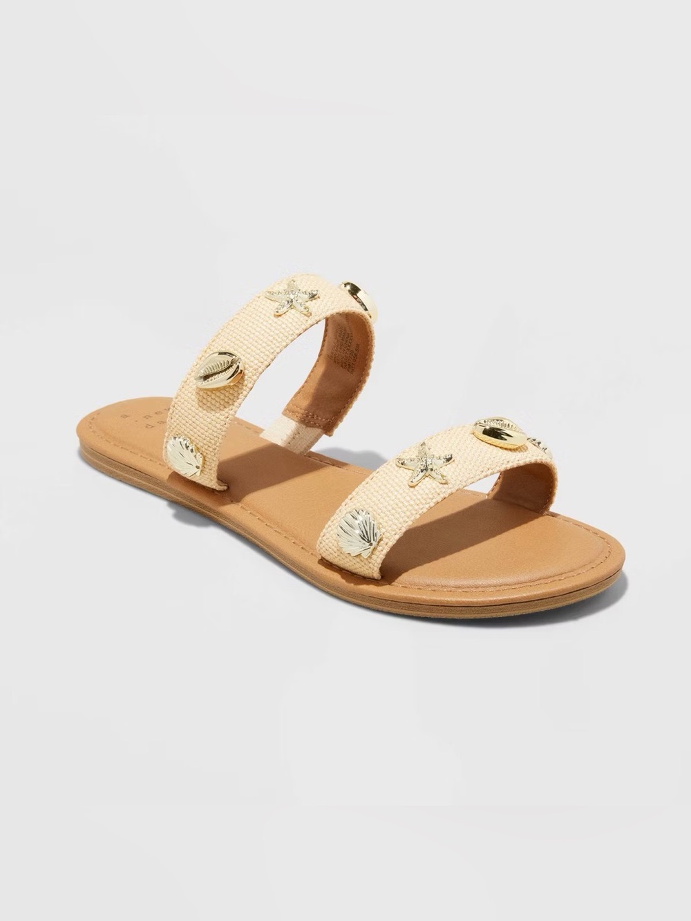 A new day - Beige Seashell Embellished Double-Strap Slide Sandal - size 10